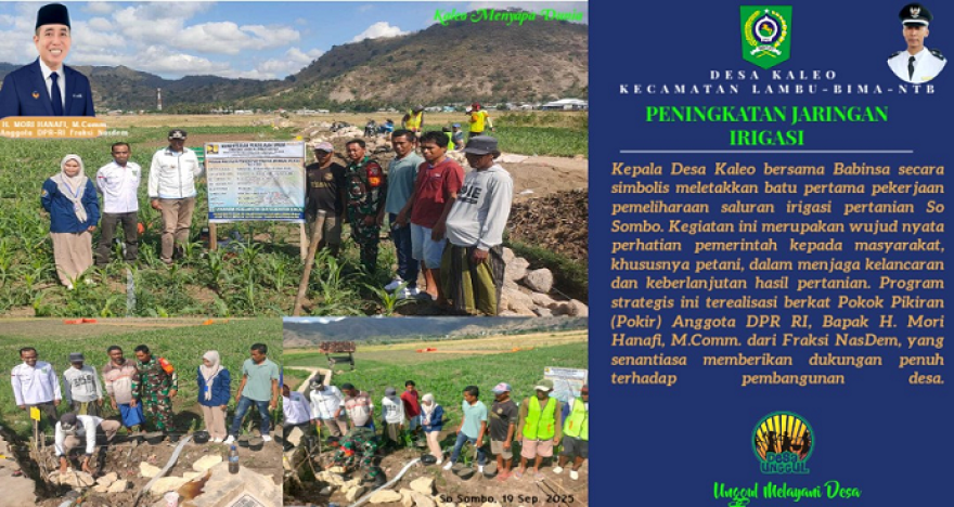 Kades dan Babinsa Kaleo Lakukan Peletakan Batu Pertama Pembangunan Saluran Irigasi Pertanian Pokir H. Mori Hanafi,SE.M.Comm.